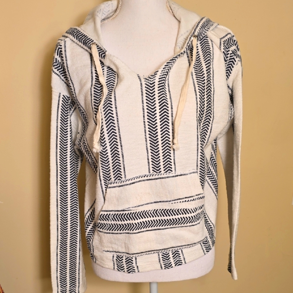 Striped White and Blue Cotton Hoodie
